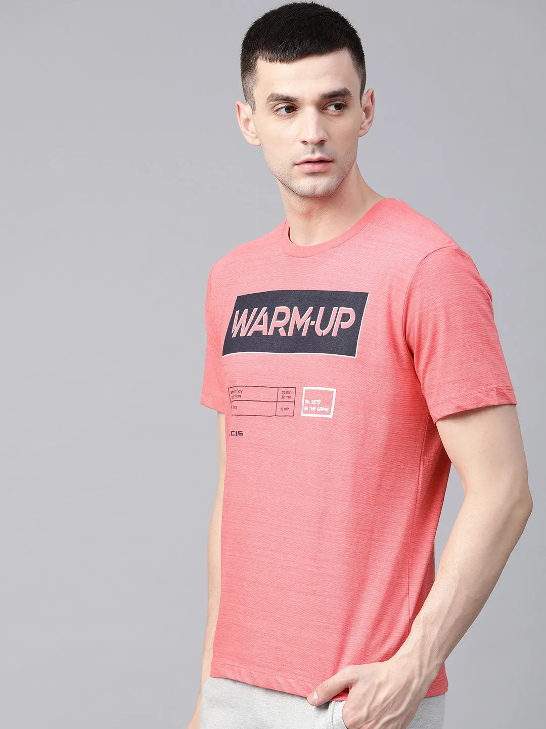 Alcis Men Coral Pink Navy Blue Printed Round Neck T-shirt SustainableCertified