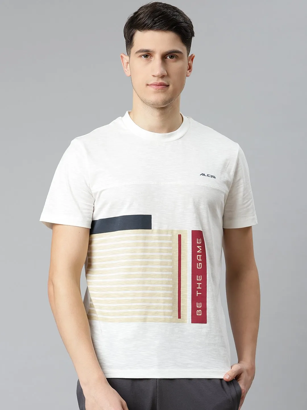 Alcis Men White & Beige Printed Slim Fit T-shirt Push Edge