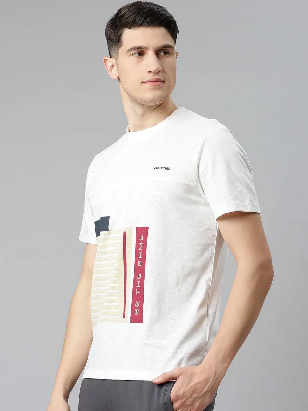 Alcis Men White & Beige Printed Slim Fit T-shirt Breath Skin