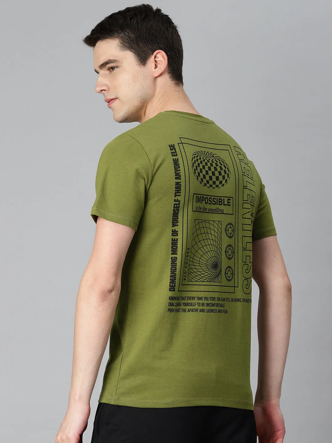 LayeredPanels SustainableBlend Alcis Men Olive Green Printed Sports T-shirt