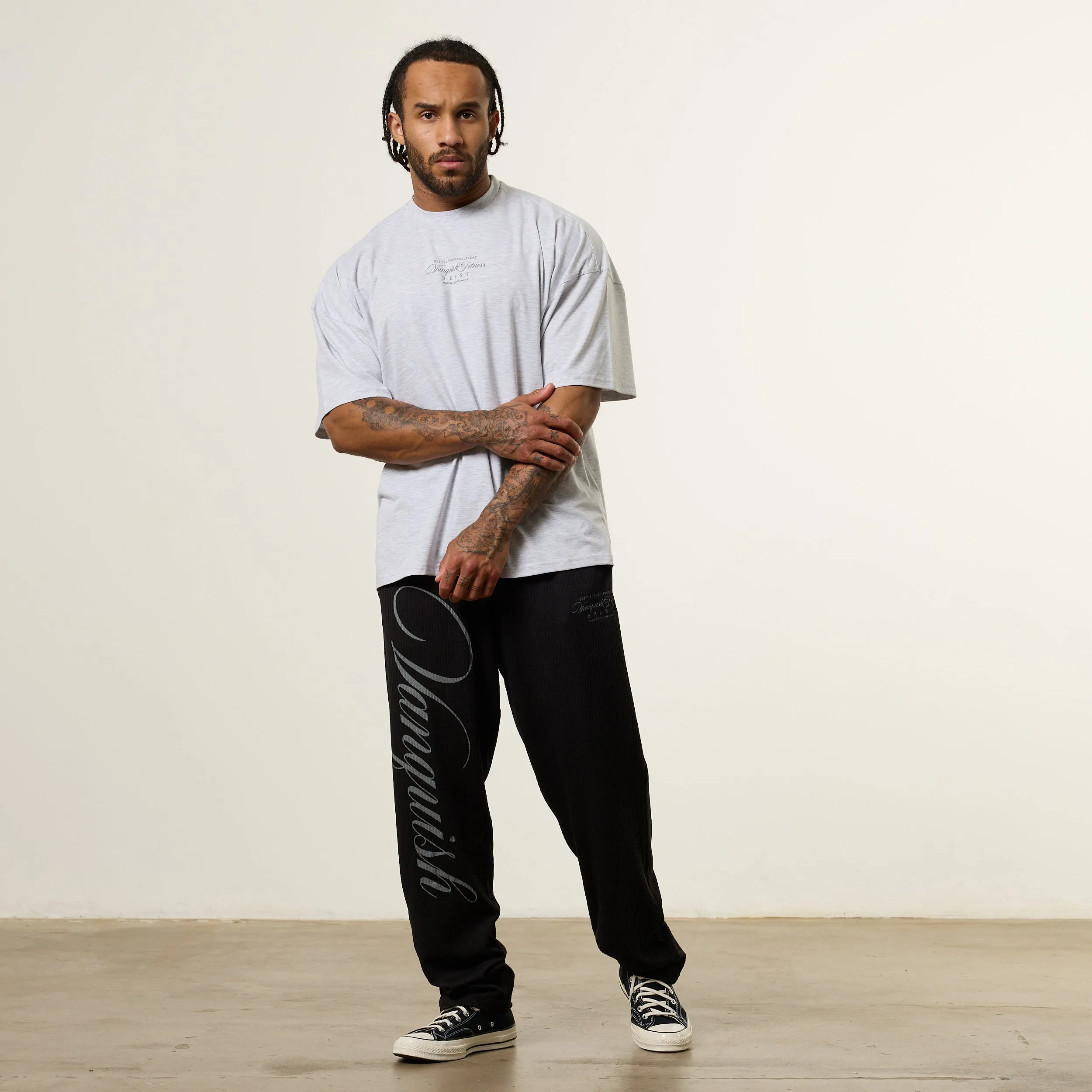 Vanquish x JBeast Grey Oversized Boxy T Shirt Ribbed collar Sports Apparel