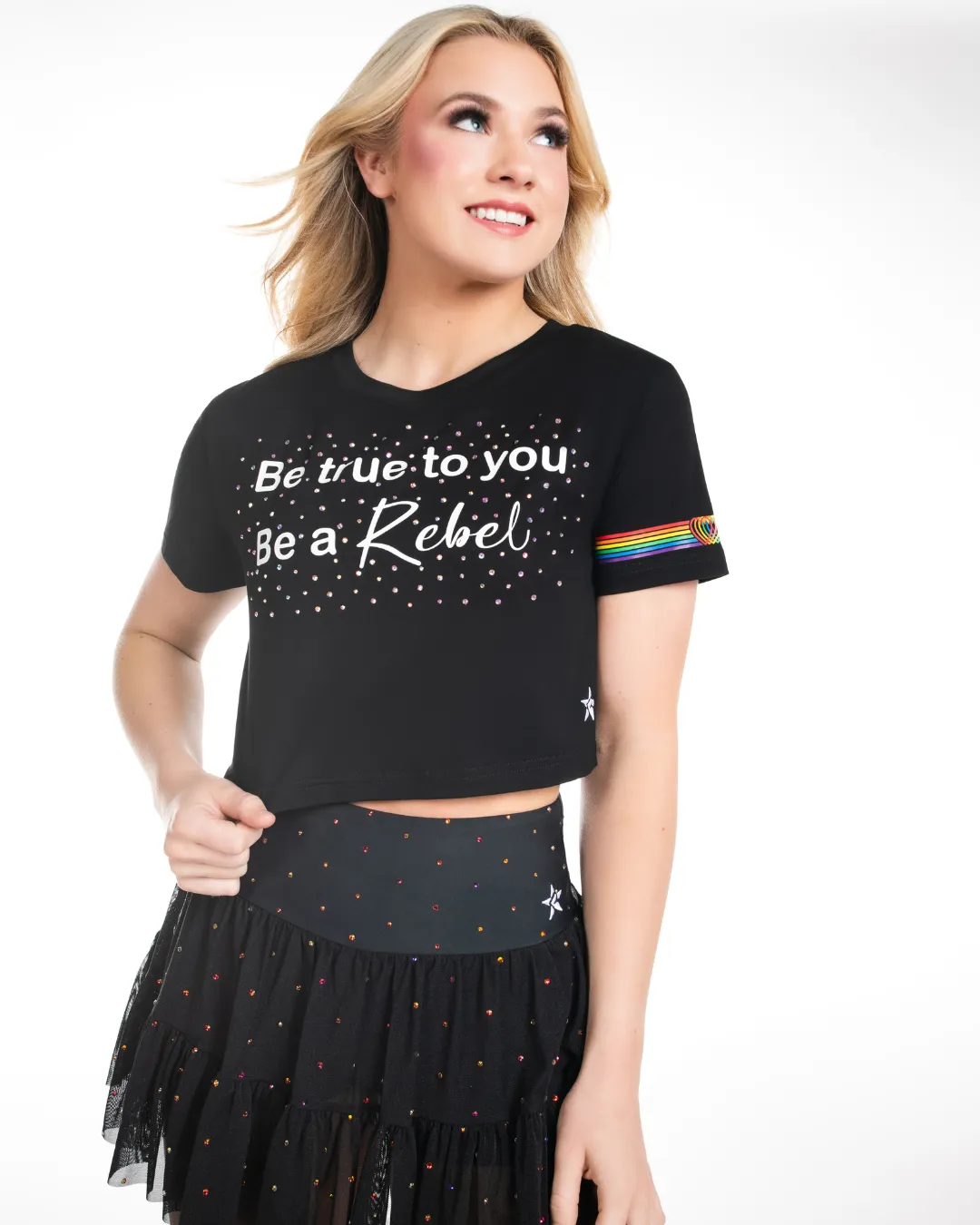 VersatileStyle Clear Glow Be a Rebel Cropped Tee in Rainbow Crush