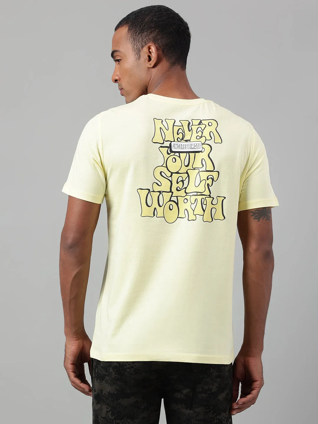 Alcis Men's Printed Light Yellow Soft-Touch Regular-Fit Athleisure T-Shirt Sustainable production Cultural Fit