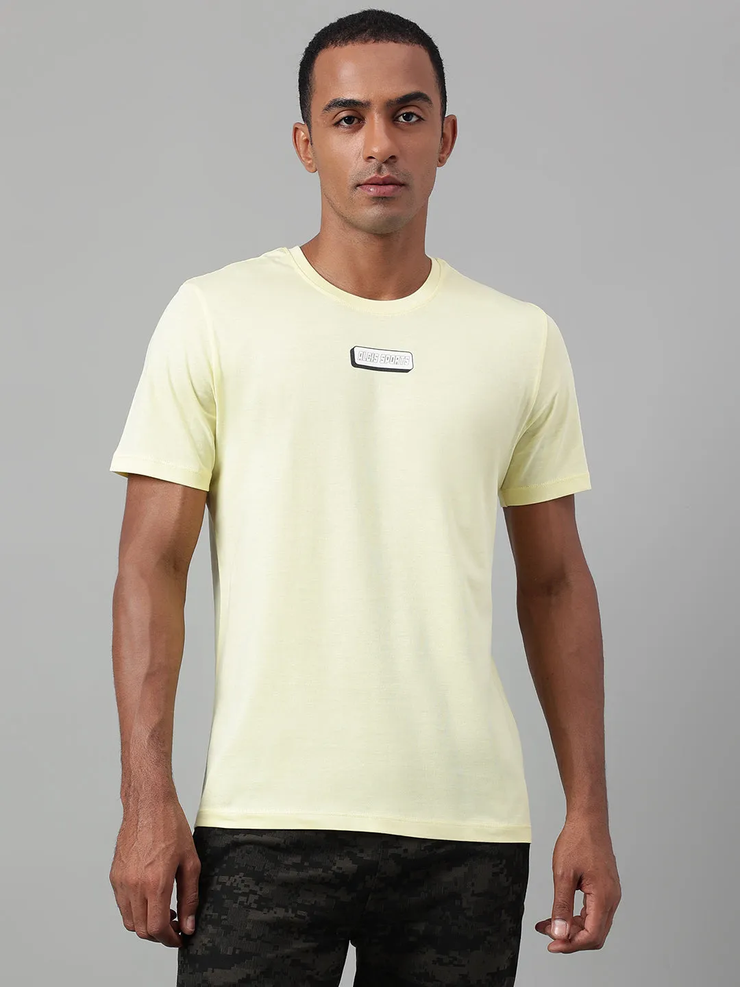 Alcis Men's Printed Light Yellow Soft-Touch Regular-Fit Athleisure T-Shirt late night