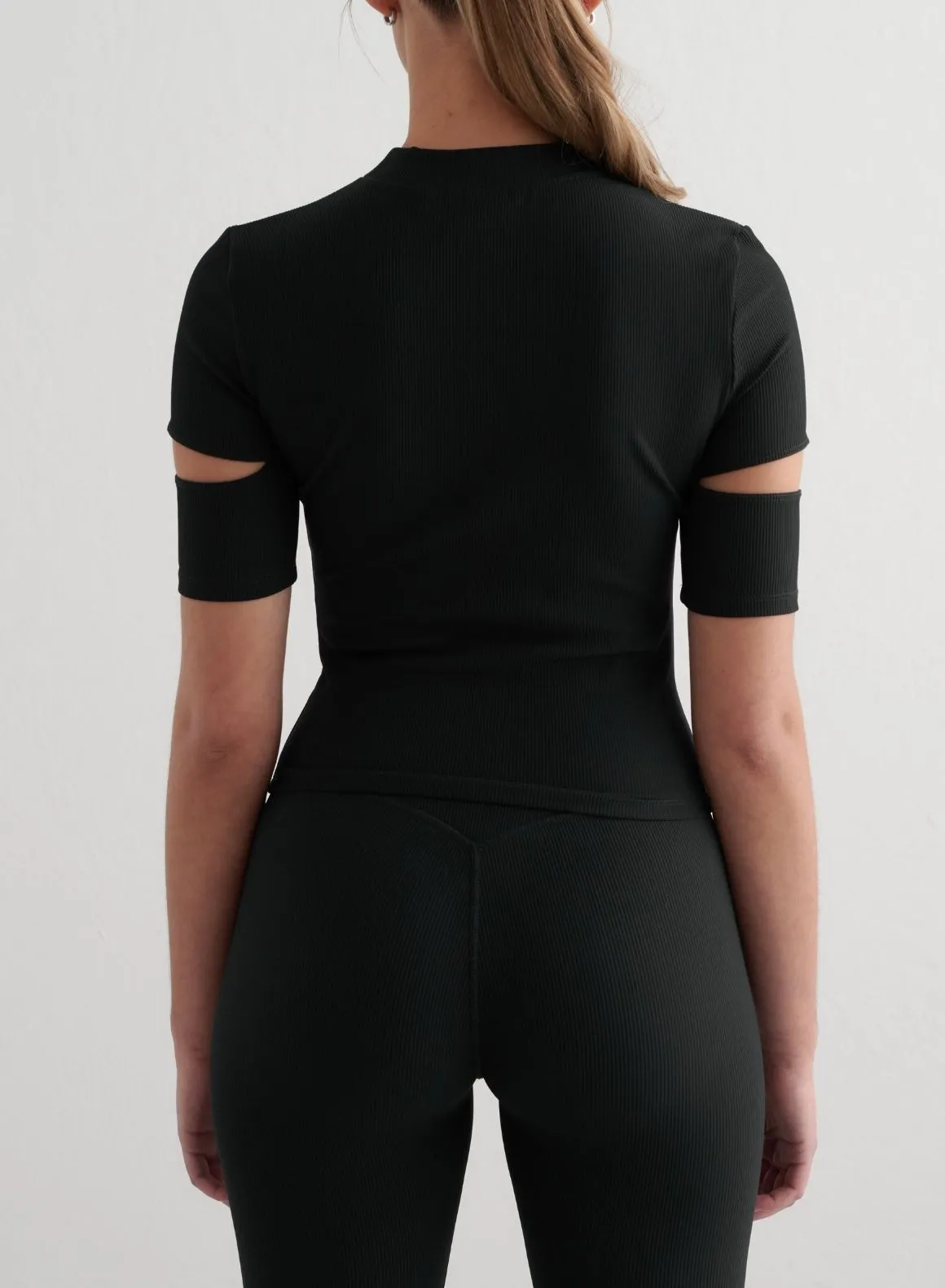 Black Ribbed Performance Cut Out Top Stretch Jersey Knit Comfortable All Day Wear