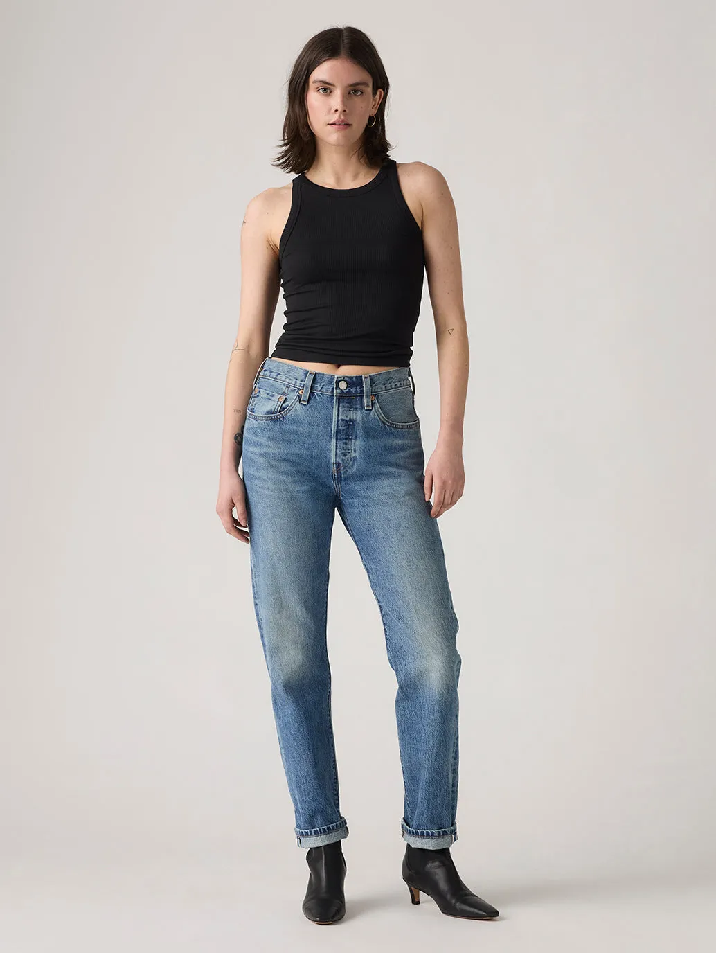 Women's 501 Indigo Straight Fit High Rise Jeans Slim Silhouette Textured Yarn Blends