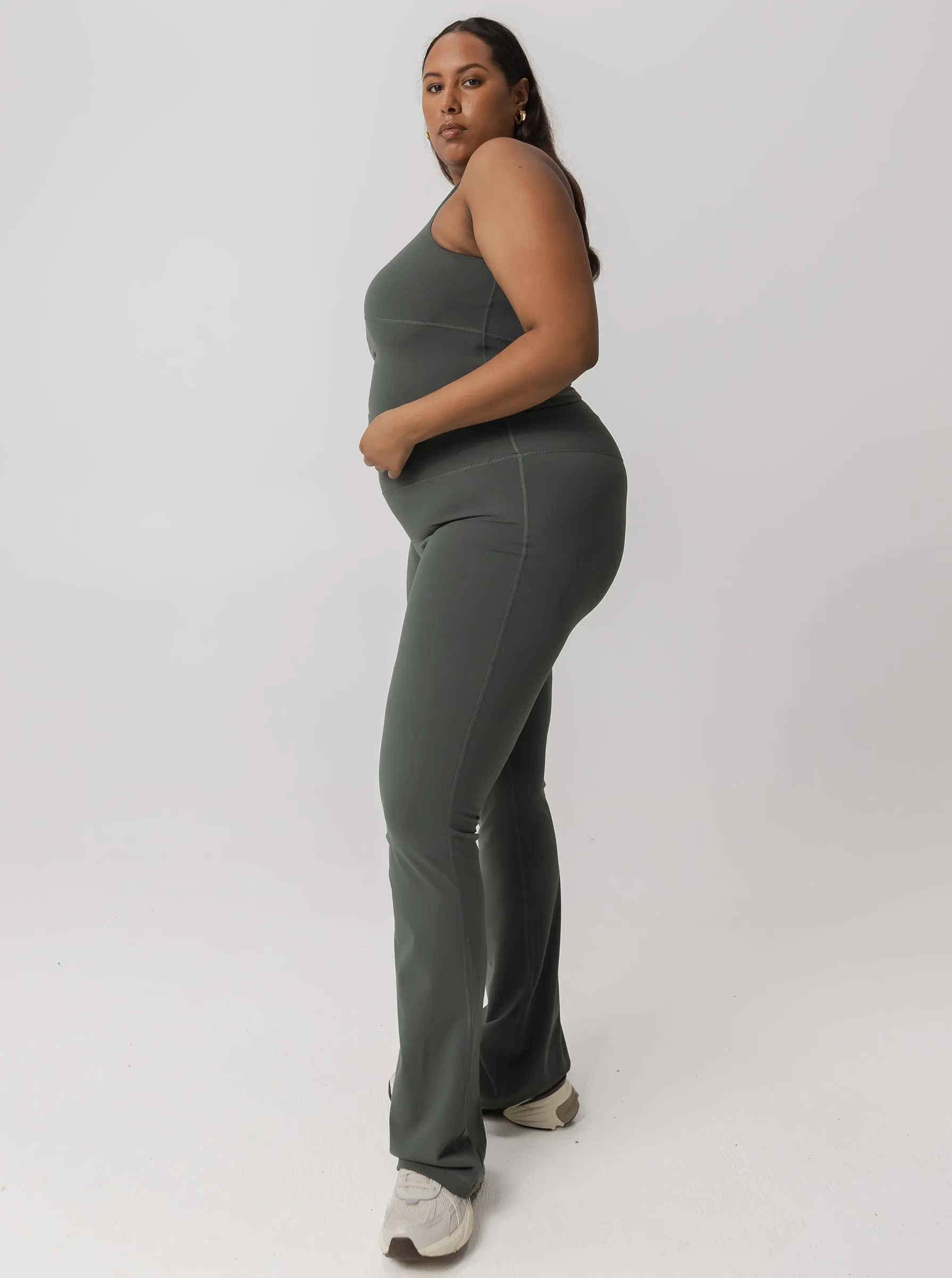 Peached Taylor Flared Tight In Eucalyptus Rib Knit Unisex Style