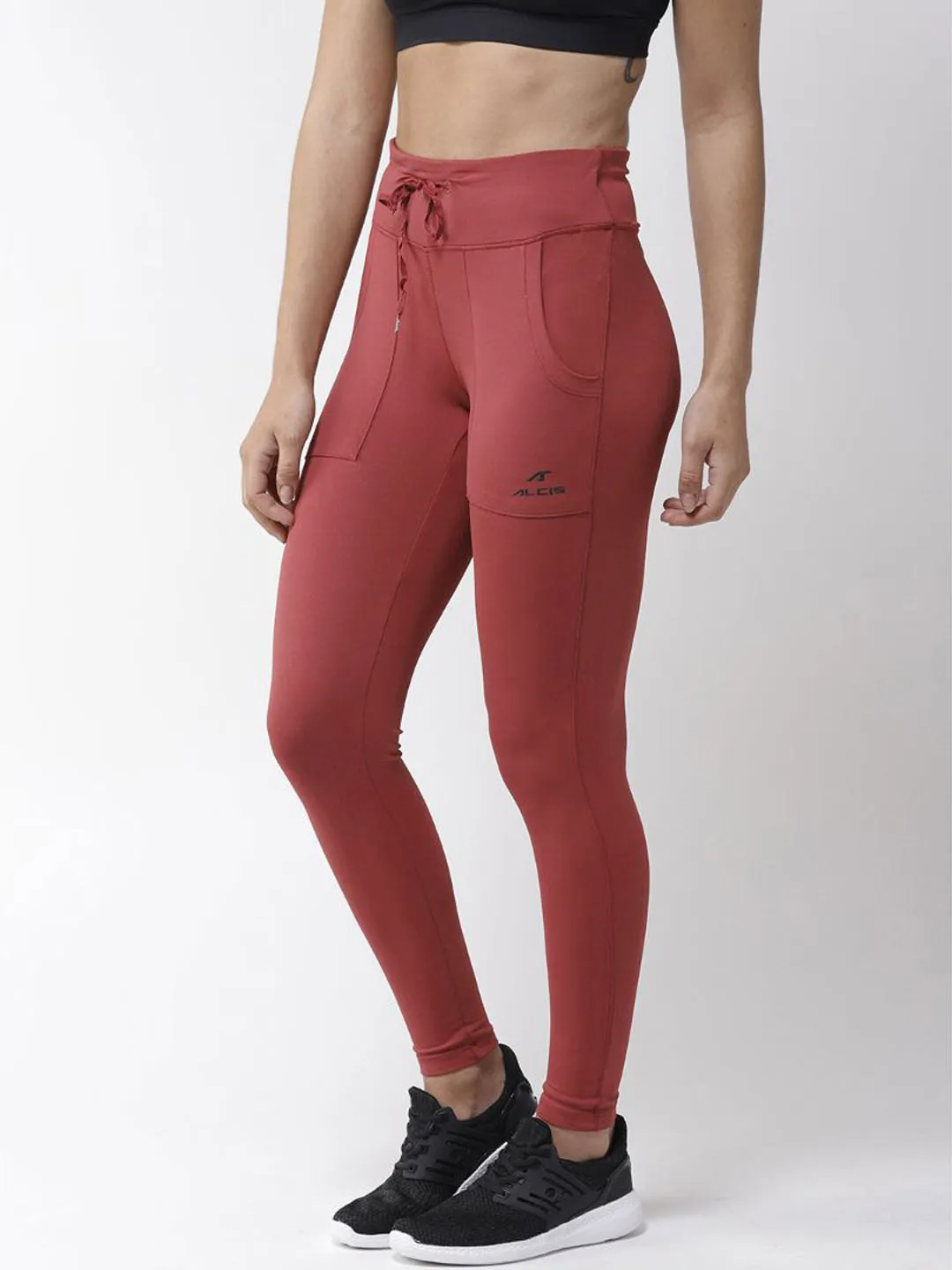 Alcis Women Rust Red Solid Tights Tagless Design Adjustable Drawcord