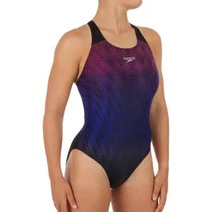 Relaxing Style Stretch Free Waistband Speedo Digital Placement Powerback Womens Swimsuit - Black