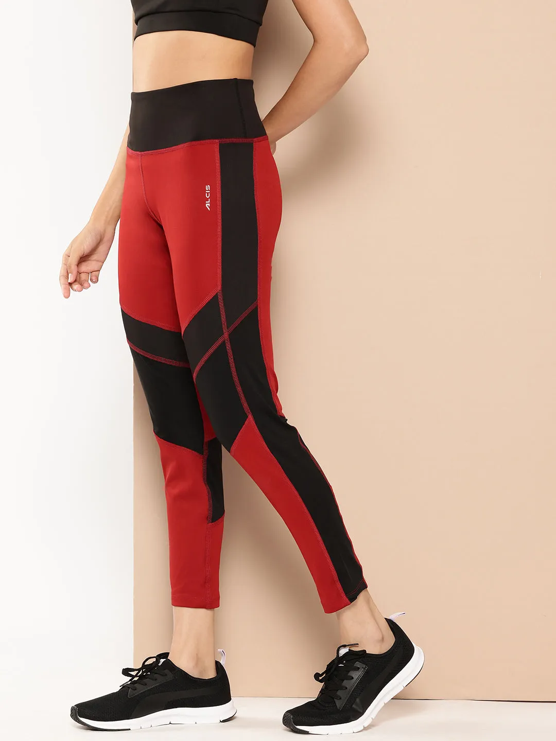 Alcis Women Maroon and Black Colourblocked Tights Double Layered Knees