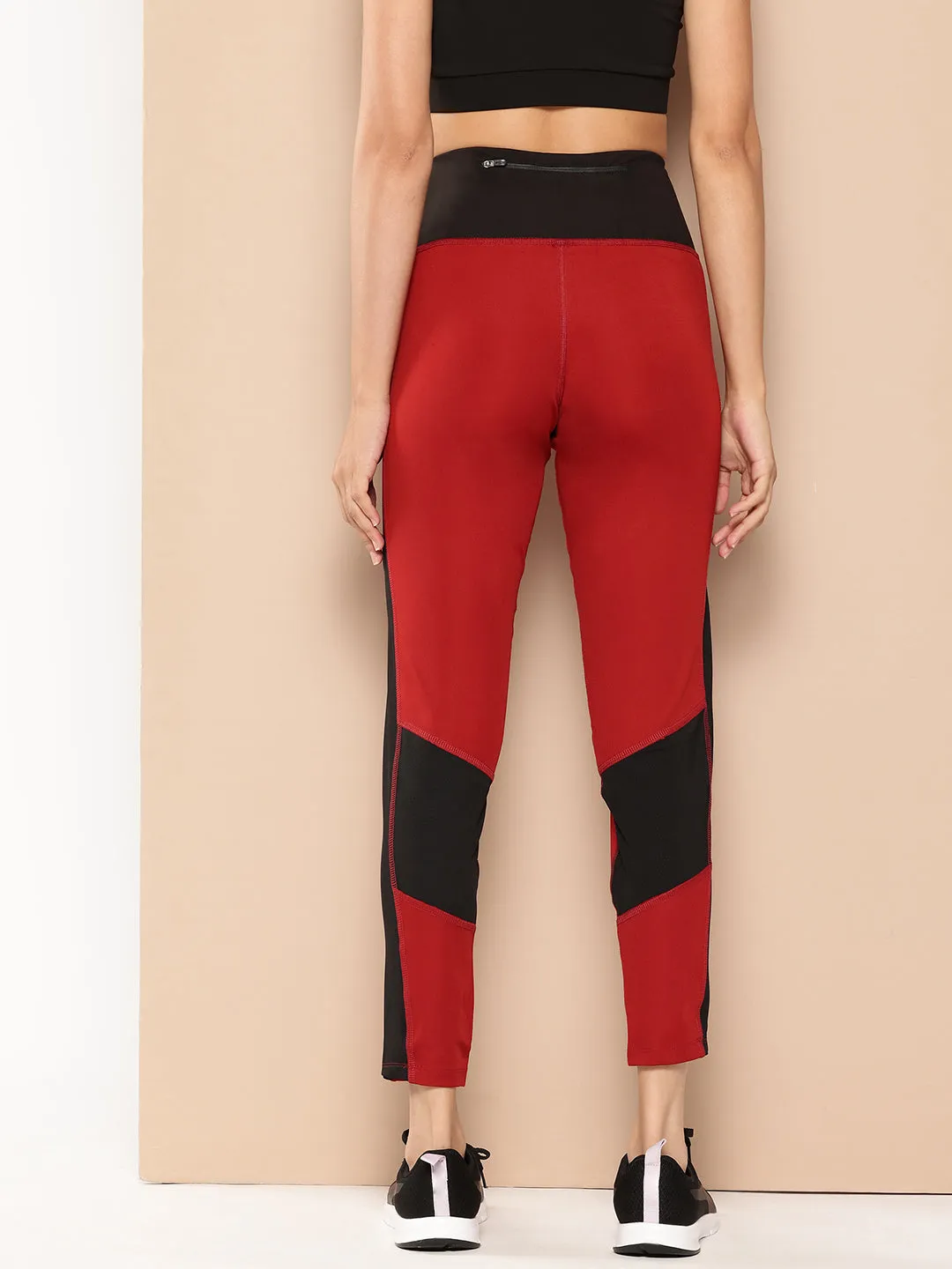 Easy Stretch Reflective Logo Detail Alcis Women Maroon and Black Colourblocked Tights