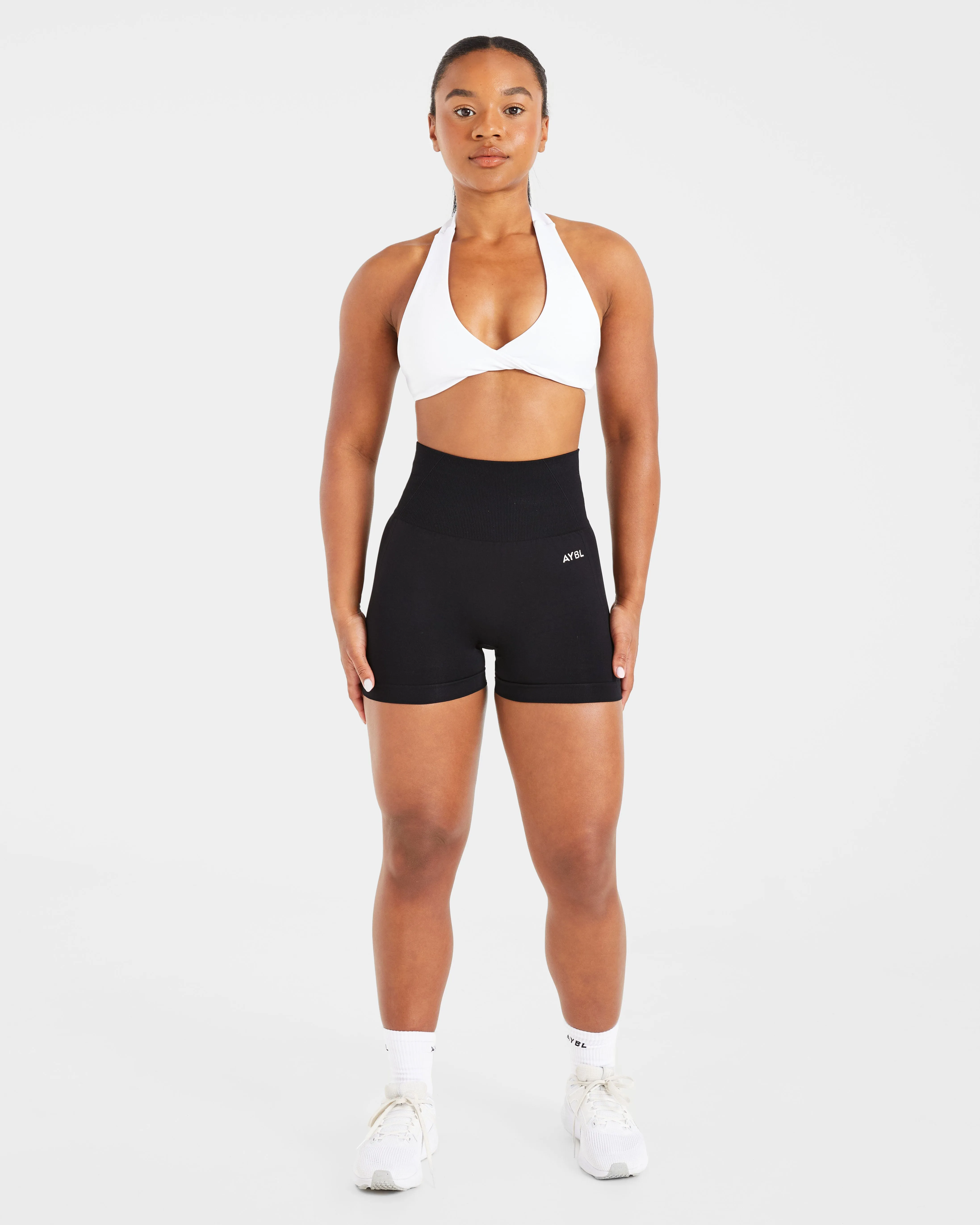 Essential Halterneck Sports Bra - White Zigzag stitching