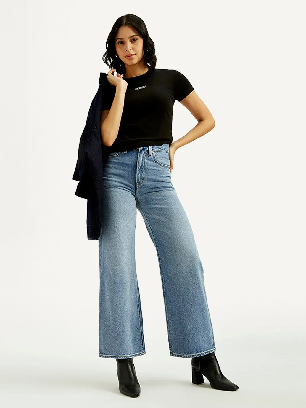 Women's Light Indigo Ribcage Wide Leg Fit High Rise Jeans No Fuss Wear