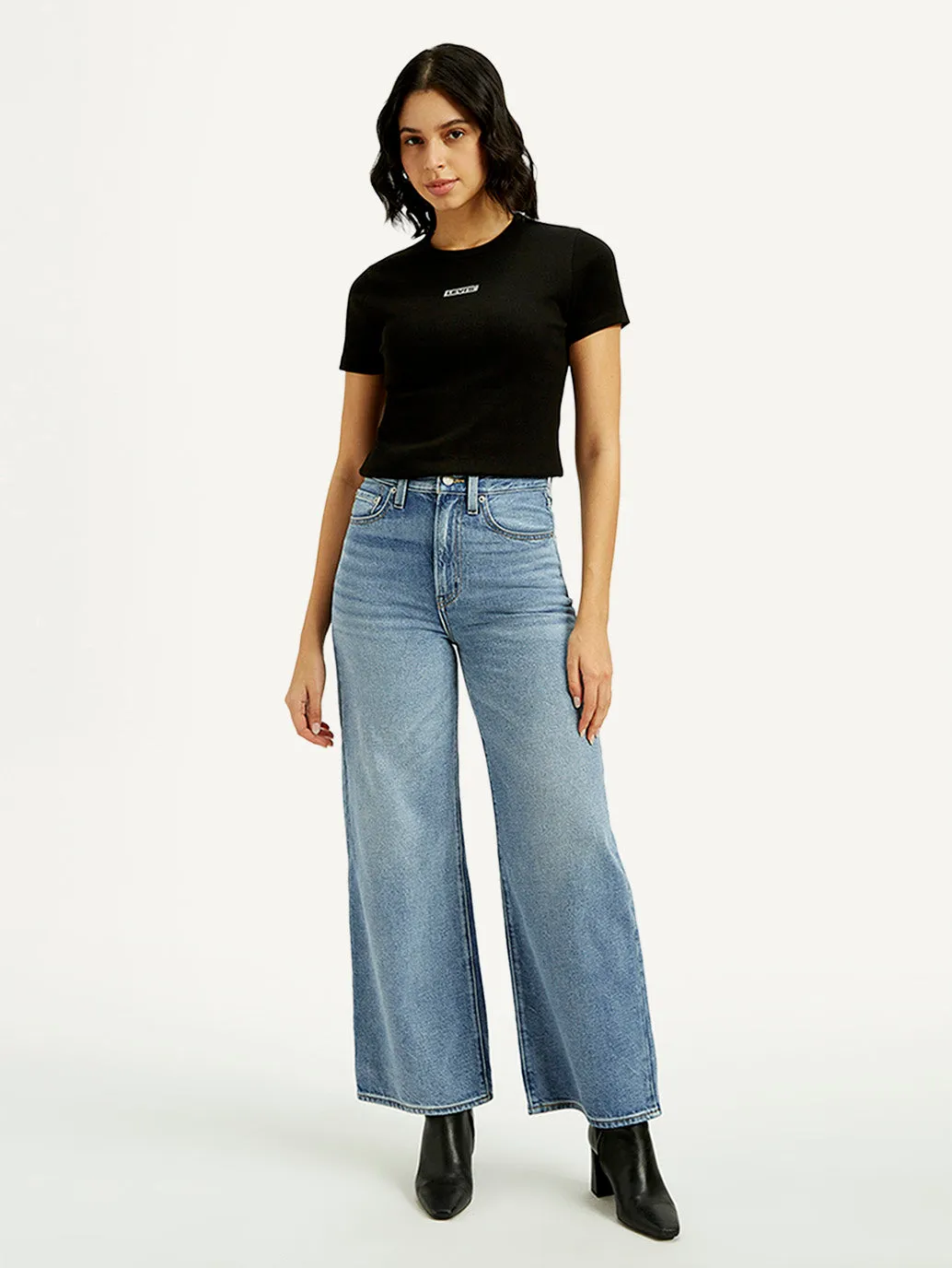 Sleek Option Permanent Crease Retention Women's Light Indigo Ribcage Wide Leg Fit High Rise Jeans