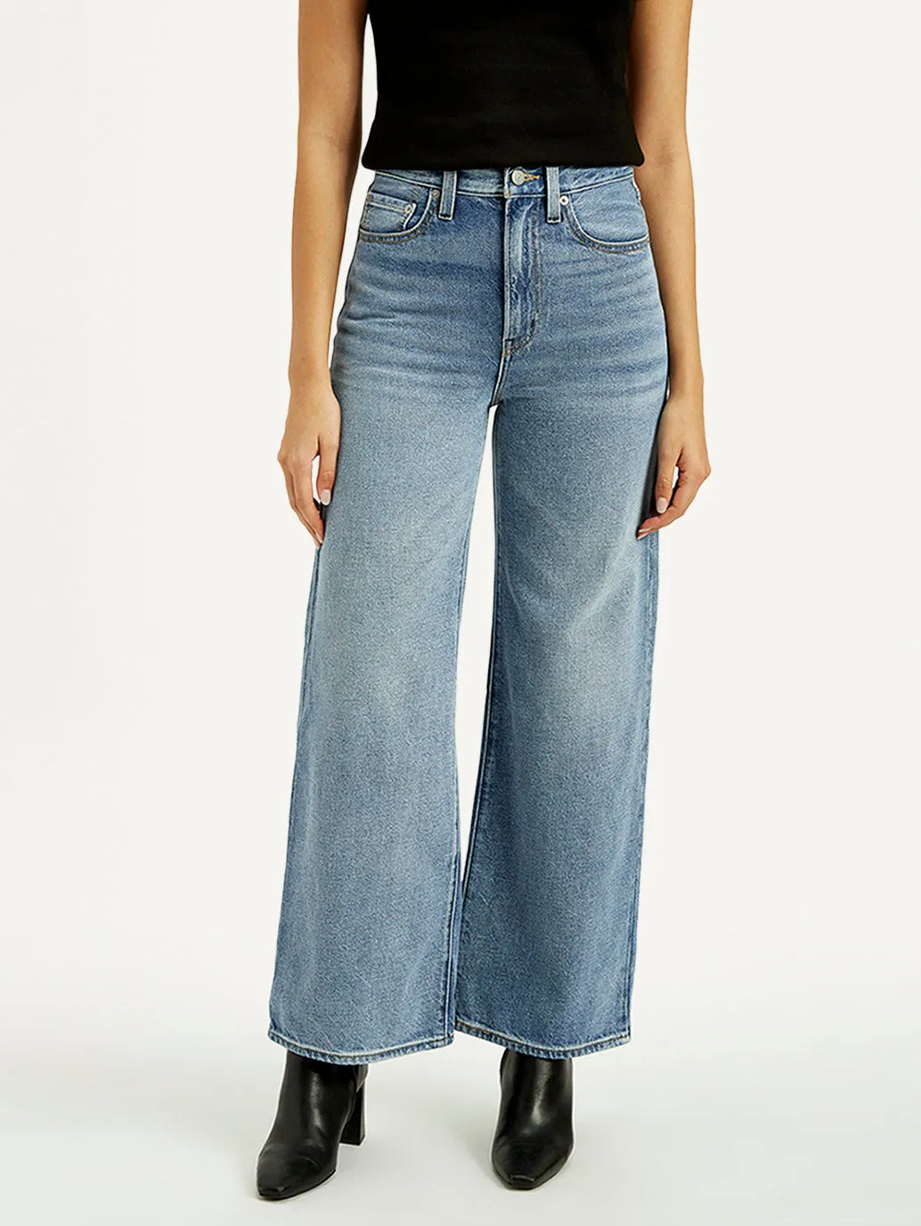 Work Meeting Beach Day Minimalist Style Chill Outfit Women's Light Indigo Ribcage Wide Leg Fit High Rise Jeans