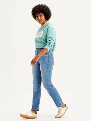 Relaxed Style Weekend Style High Quality Crosshatch Stitching Women's Blue Wedgie Straight Fit High Rise Jeans