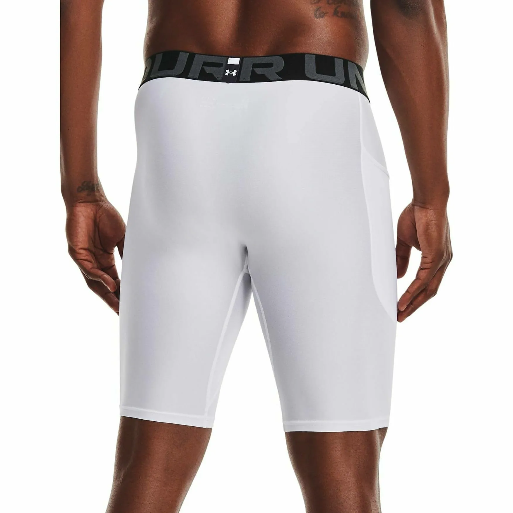 Under Armour HeatGear Pocket Long Mens Short Compression Tights - White Polyester fabric Moisture Controlled Lining