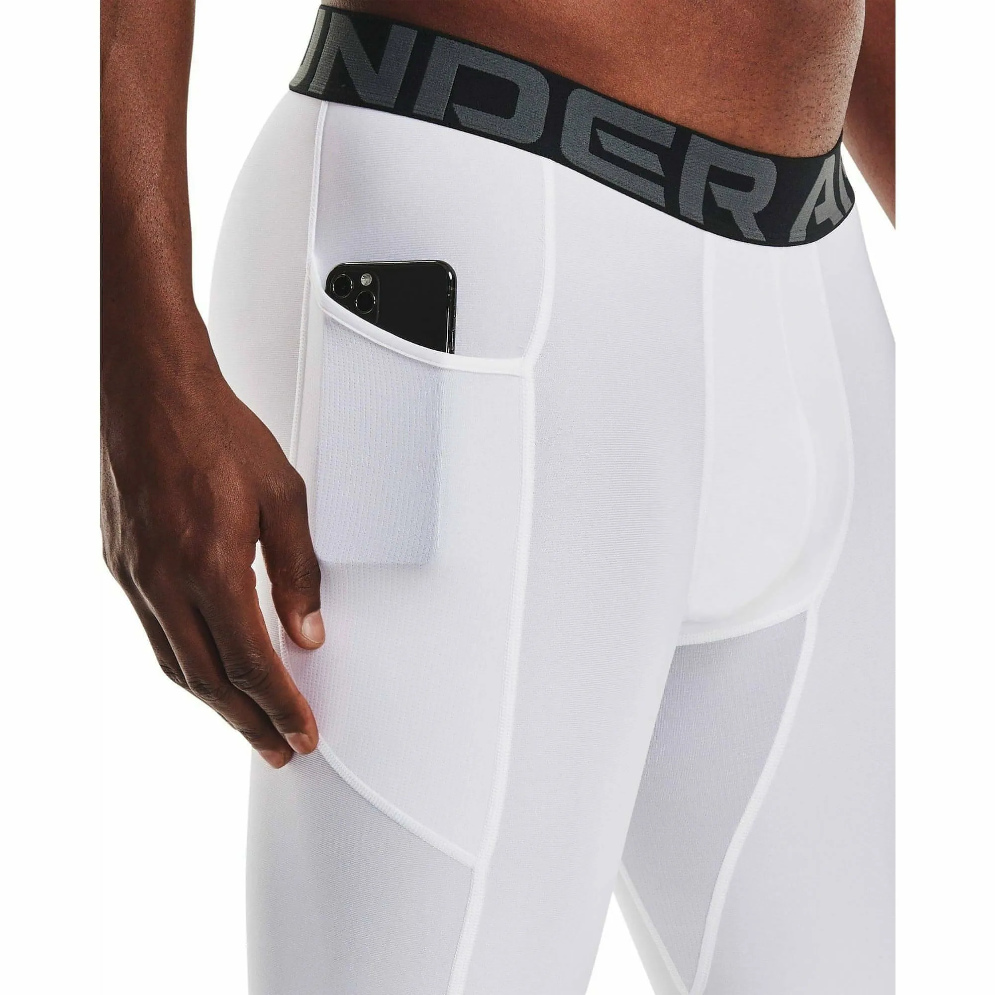 dancewear Under Armour HeatGear Pocket Long Mens Short Compression Tights - White