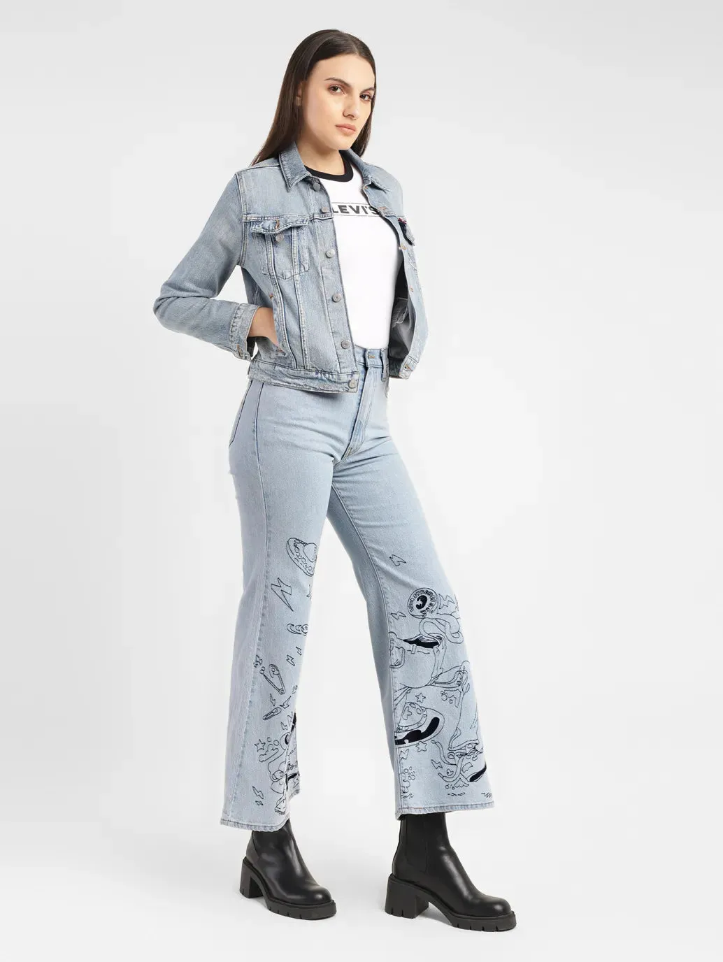 Women's Blue Ribcage Bell Bottom Wide Leg Fit High Rise Jeans Base Wear