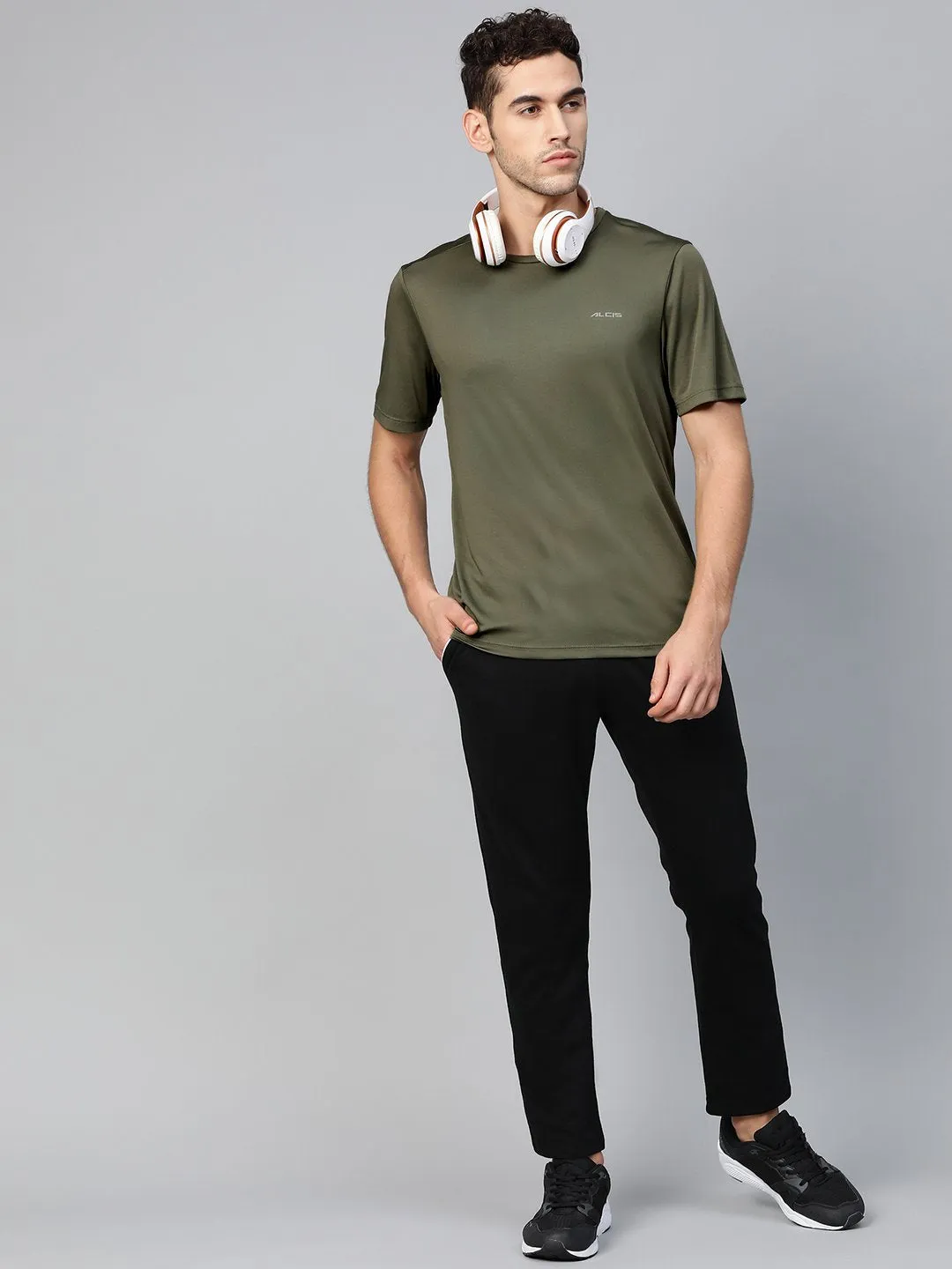 FourWay Stretch Retro cool Alcis Men Olive Green Anti-Viral Round Neck Training T-shirt