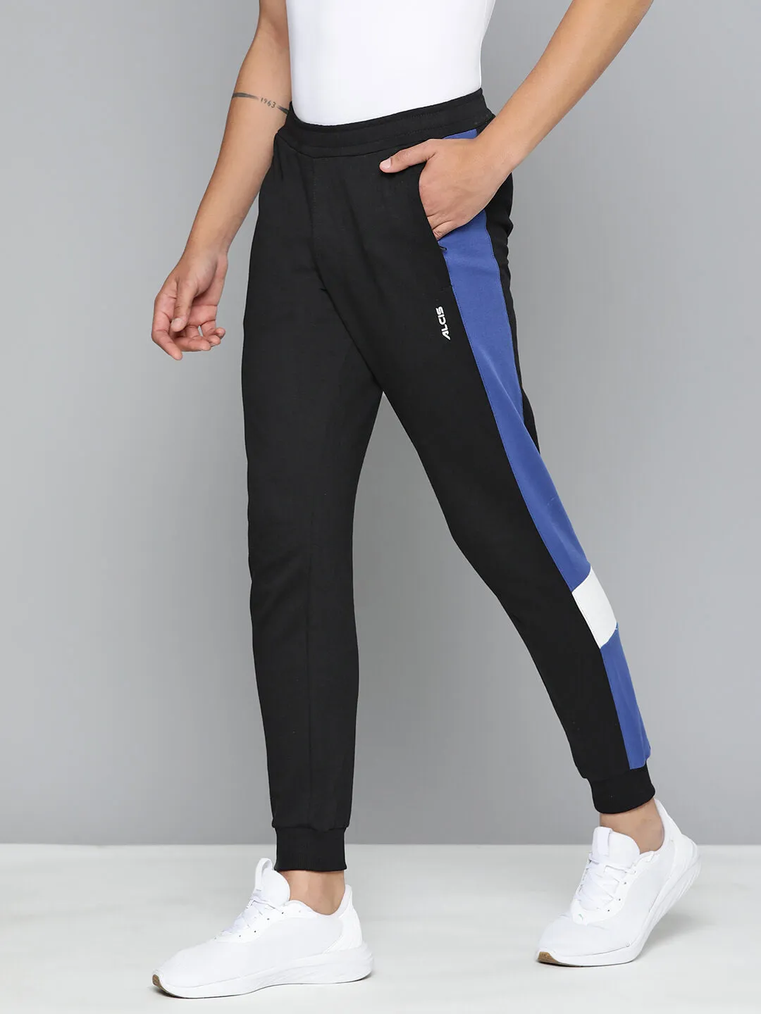 Alcis Men Black Blue Colourblocked Slim Fit Sports Track Pants Minimal Look AdjustableDrawstring