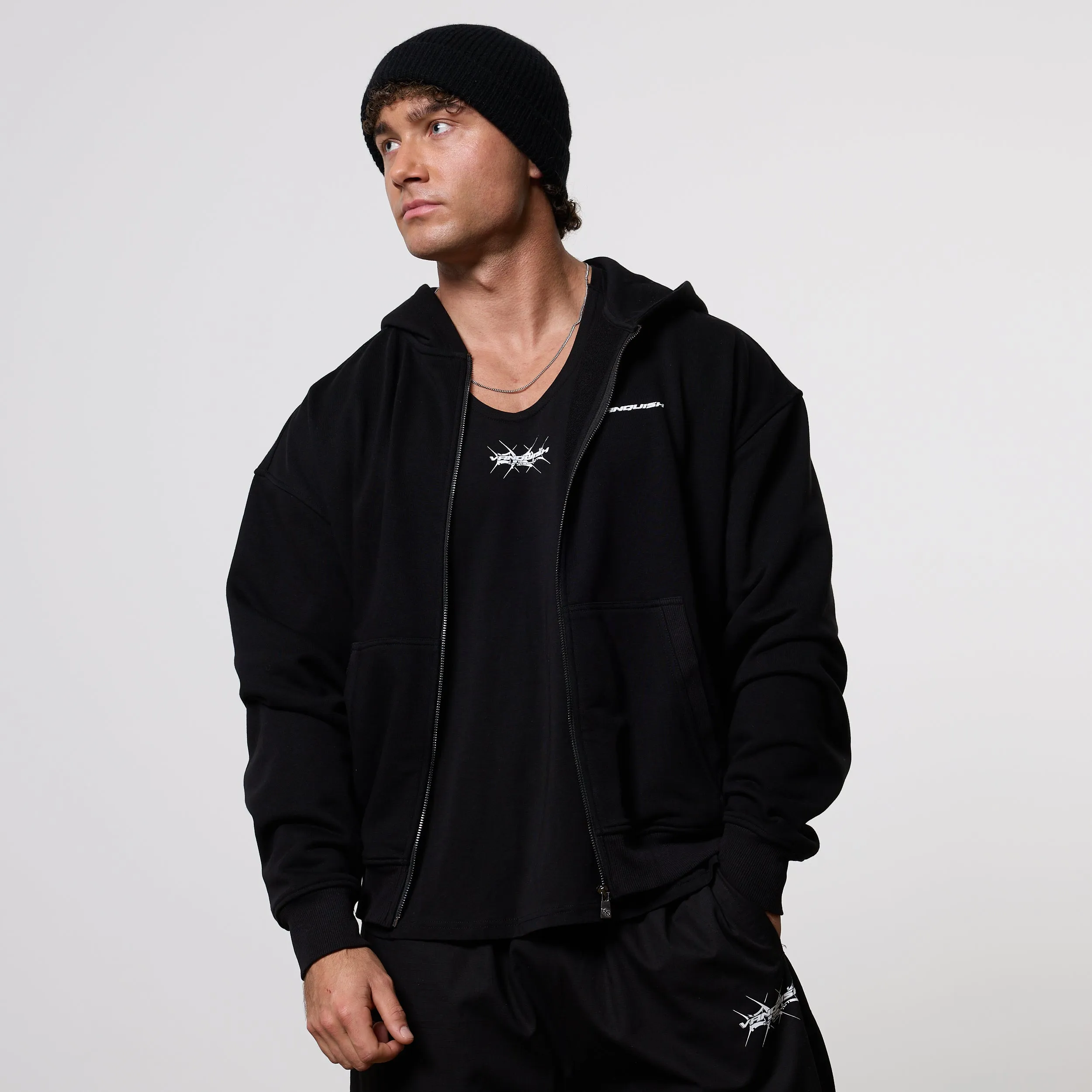 Fashion Layer Wrinkle Resistant Vanquish x DT Lift Heavy Black Oversized Full Zip Hoodie