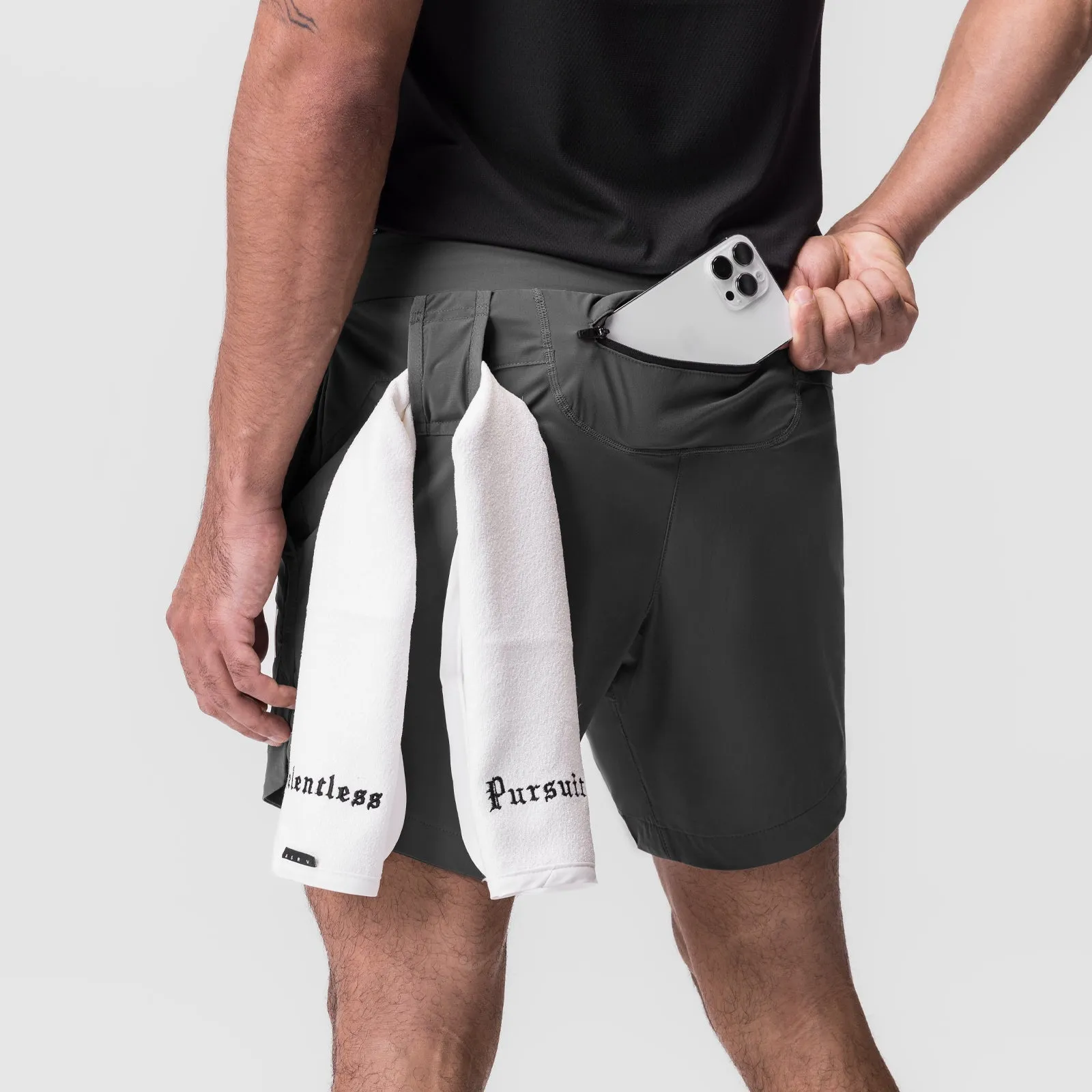 high waisted Minimal Finish 0823. Tetra-Lite? 7" Linerless Short - Space Grey "Wings"