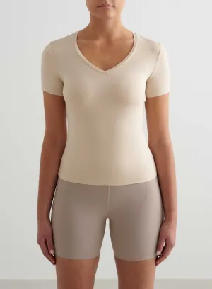 Caf?? Au Lait Soft Basic V-Neck Short Sleeve Layering Essential Brushed Interior Lining