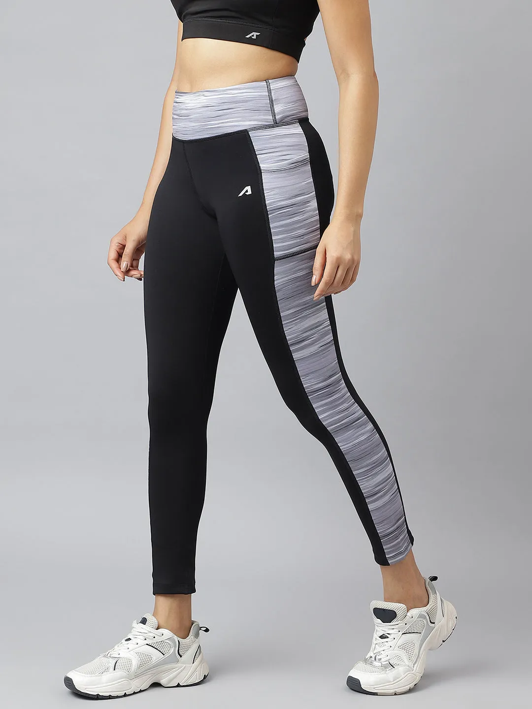 Alcis Women Black Colour-blocked Full-Length Training Tights Soft Grip