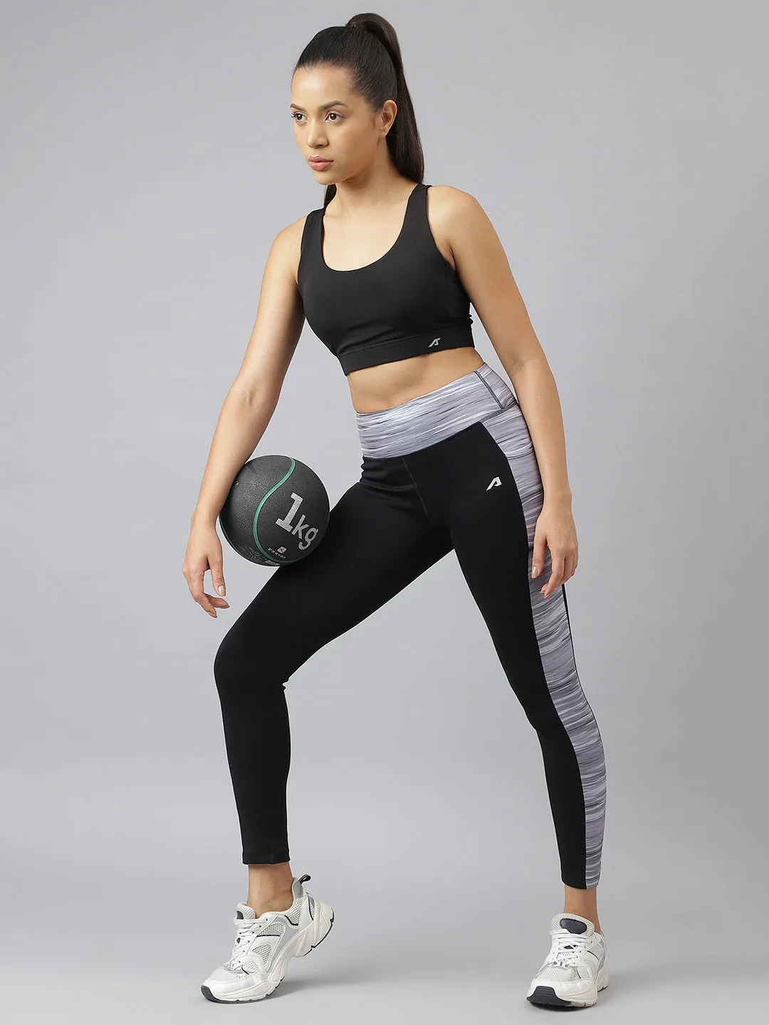 Active Essential Non Bunching Alcis Women Black Colour-blocked Full-Length Training Tights