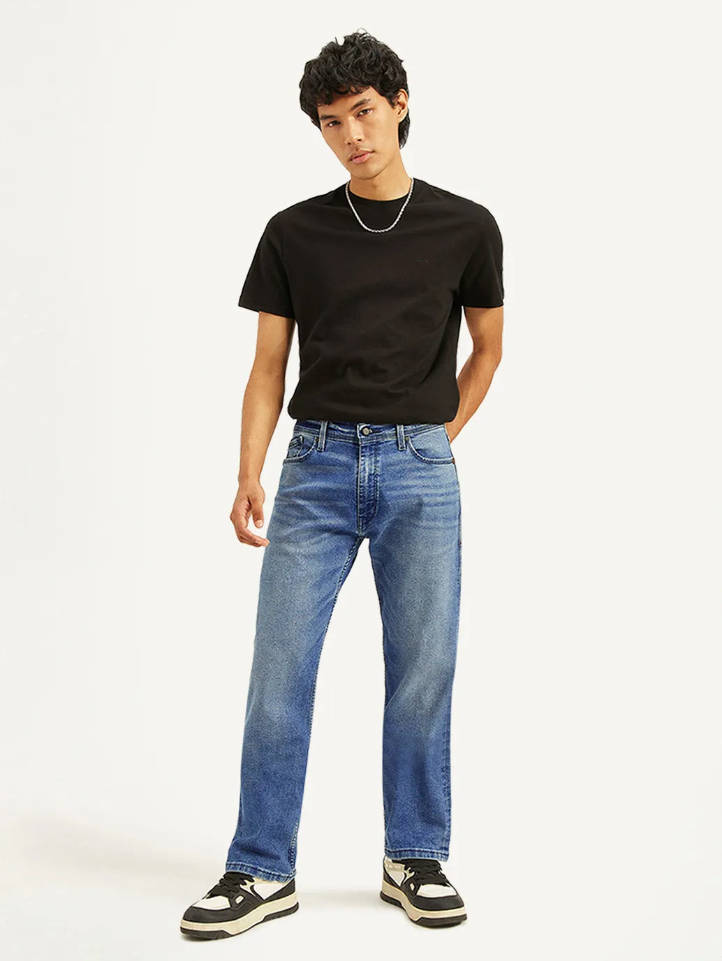 Men's 555 Blue Loose Fit Mid Rise Jeans Flex Knit Waist Panel