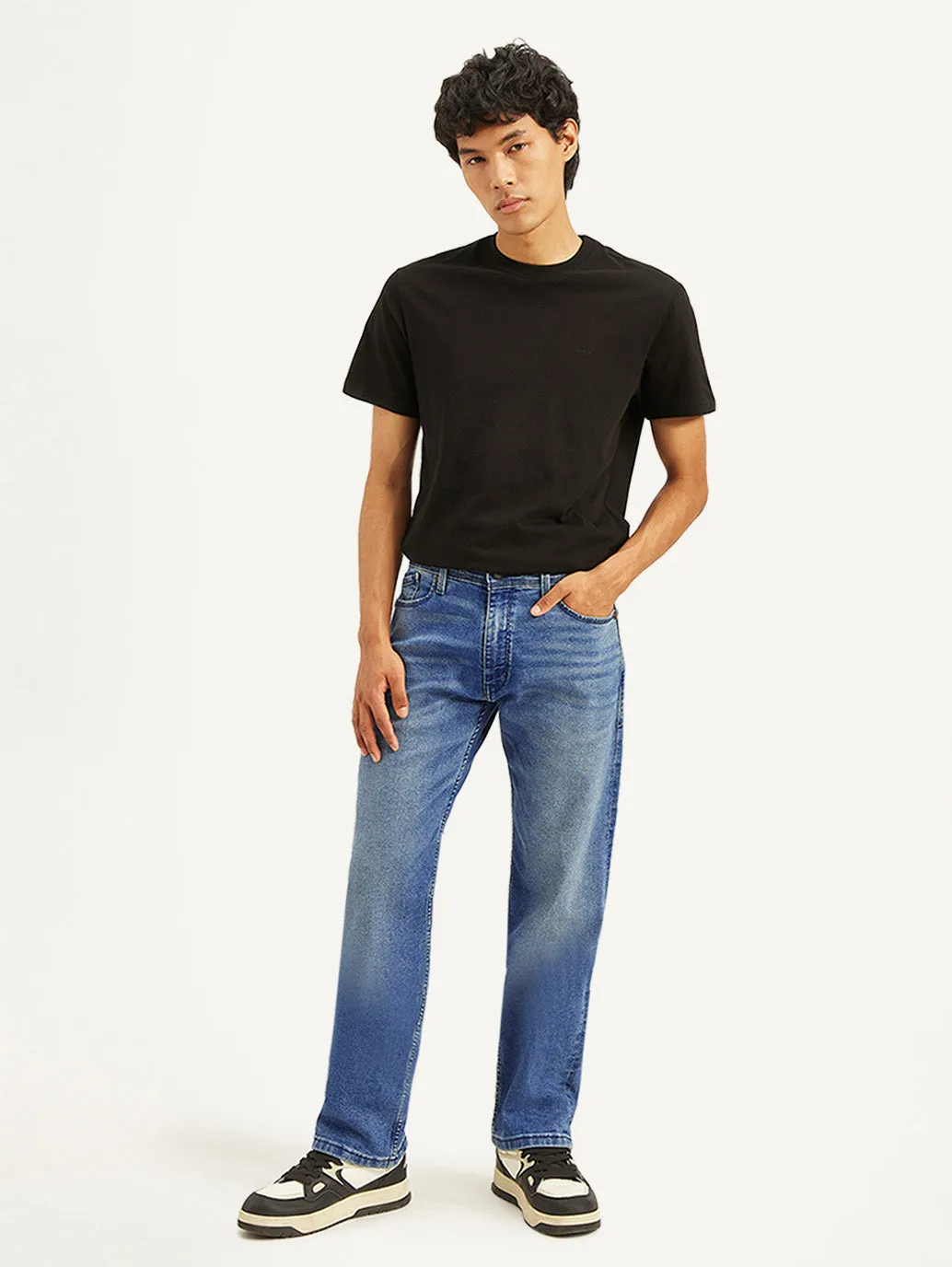 Sandblasted Finish Men's 555 Blue Loose Fit Mid Rise Jeans