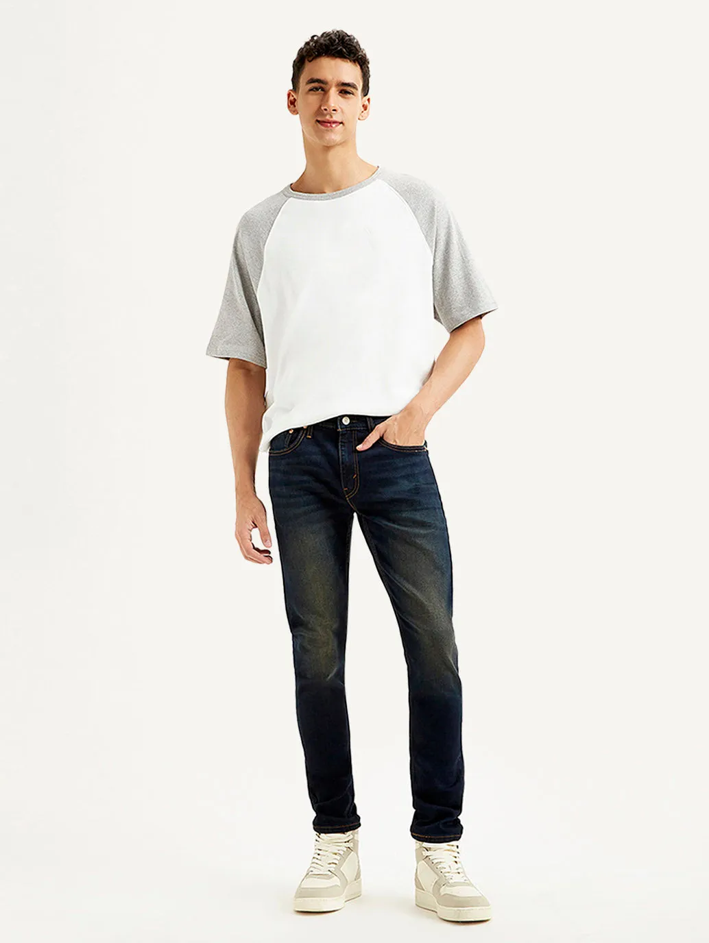 Men's Navy Blue Skinny Tapered Fit Mid Rise Jeans Streetwear Fan Minimalist Style