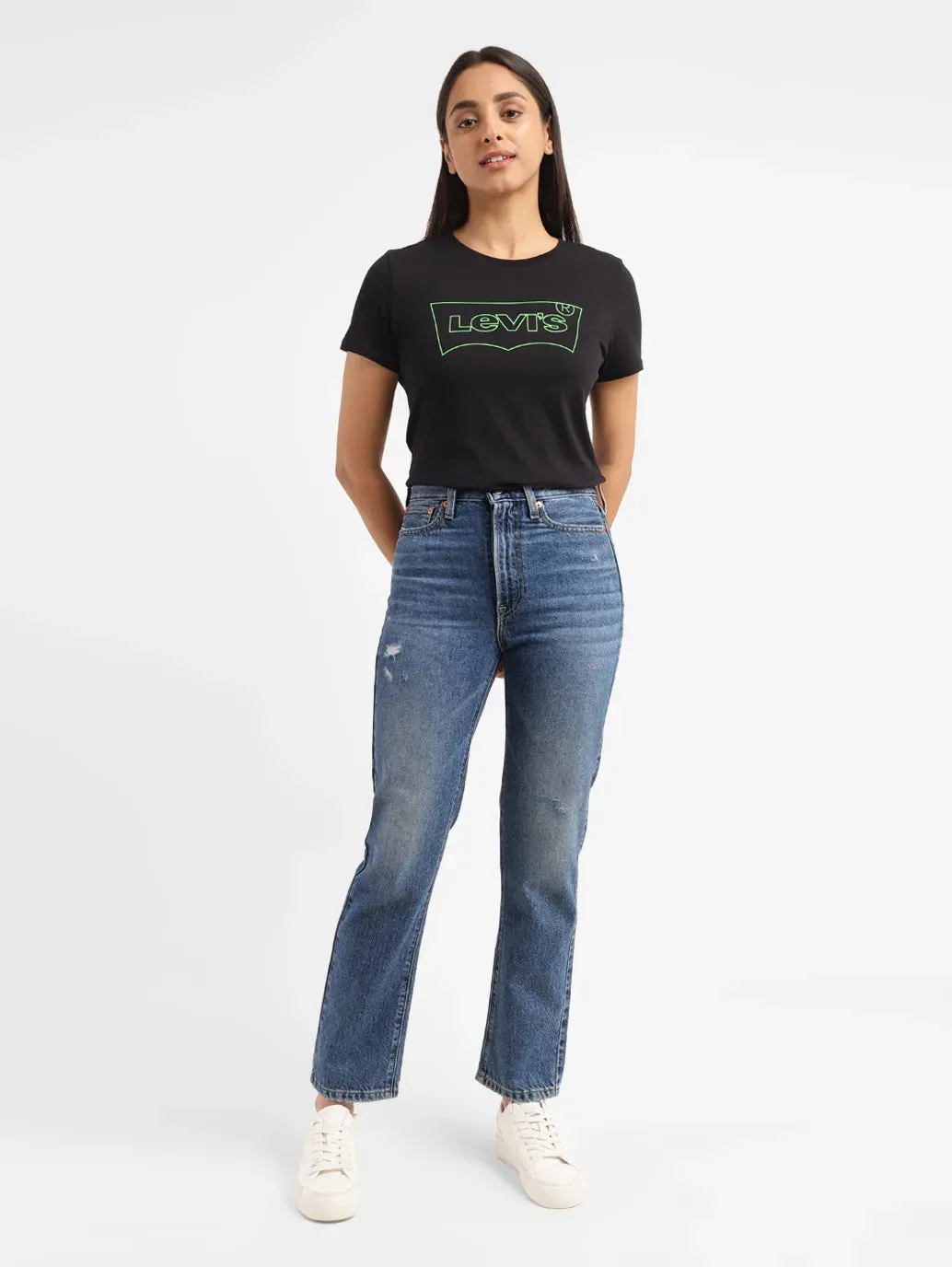 Women's Blue Wedgie Straight Fit High Rise Jeans Work Meeting Weekend Style Streetwear Fan