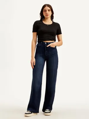 Women's Redloop Dark Blue Ribcage Bell Bottom Wide Leg Fit High Rise Jeans Classic Wear Party Look Sandblasted Finish