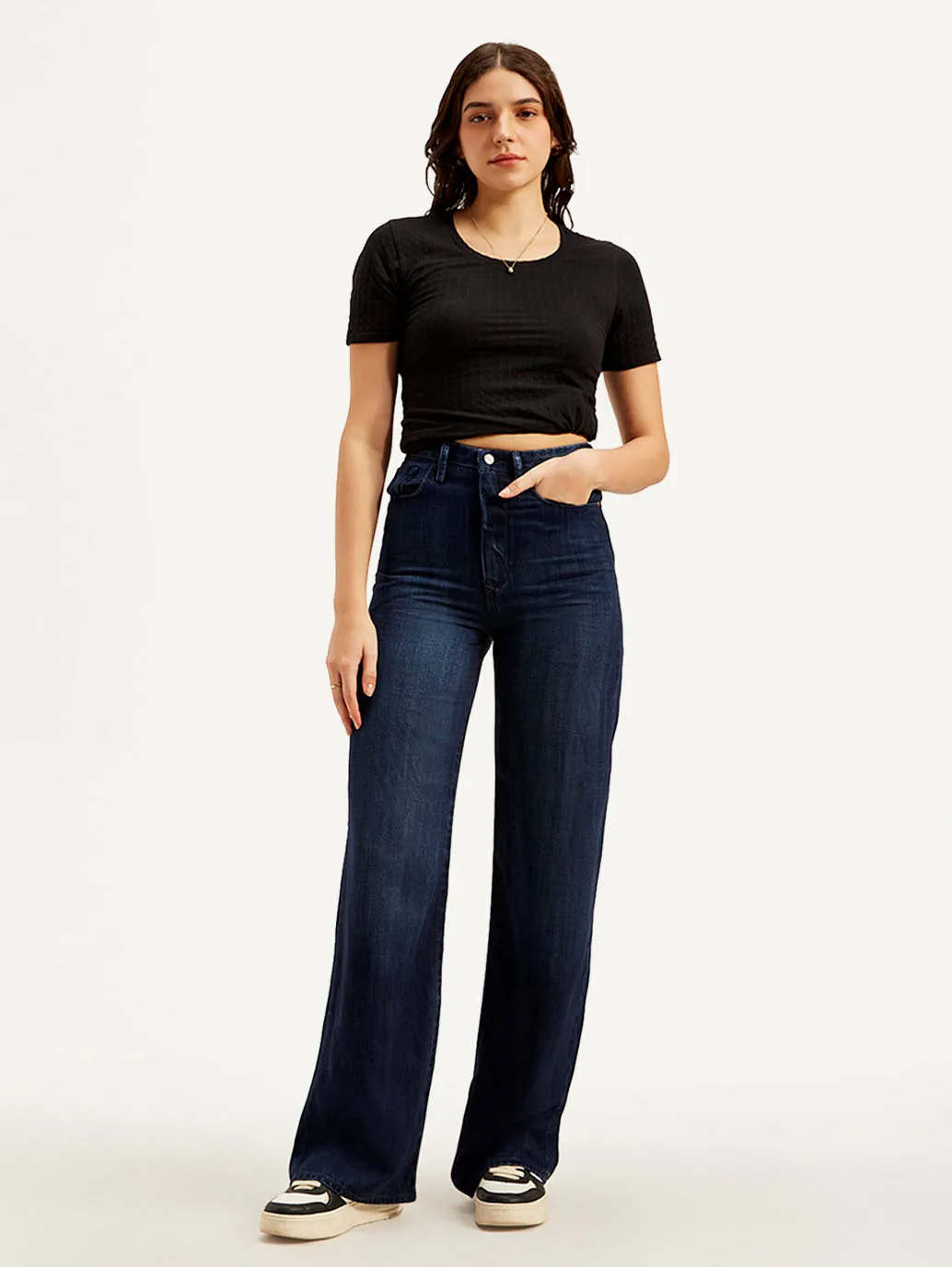 Women's Redloop Dark Blue Ribcage Bell Bottom Wide Leg Fit High Rise Jeans Daily Wear Festival Outfit Breathable fabric