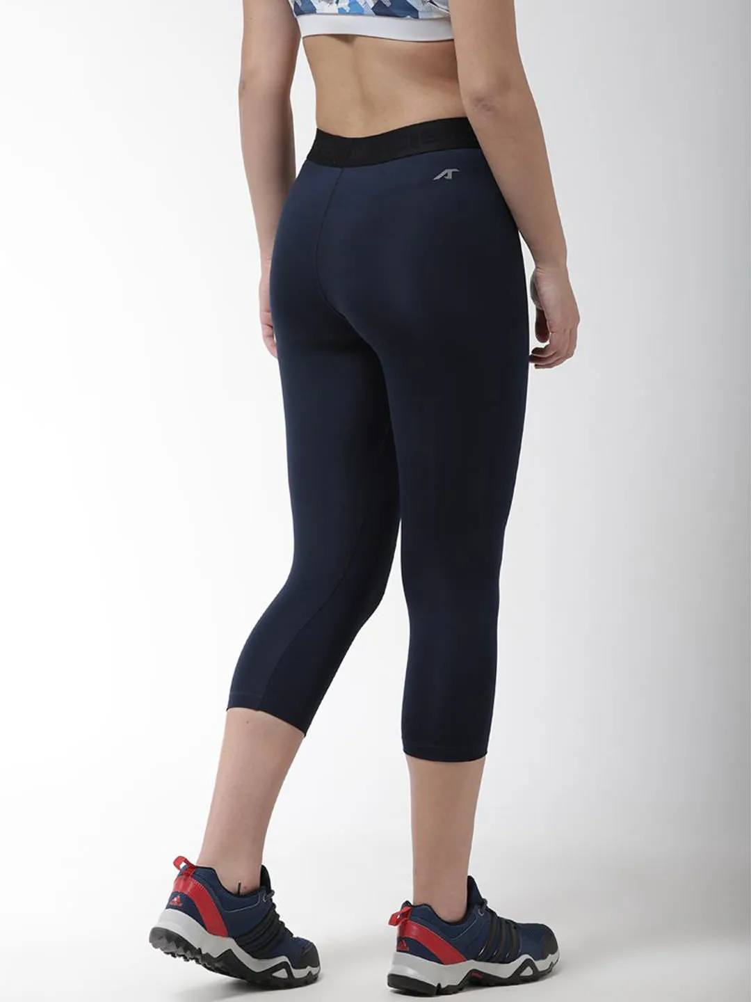 Alcis Women Navy Blue Solid 3/4th Compression Training Tights All Day Durable Abrasion Resistant Fabric