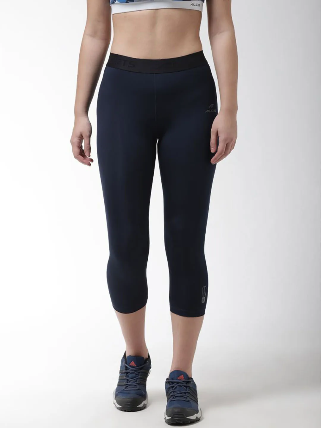 Alcis Women Navy Blue Solid 3/4th Compression Training Tights For Teens Indoor Exercise