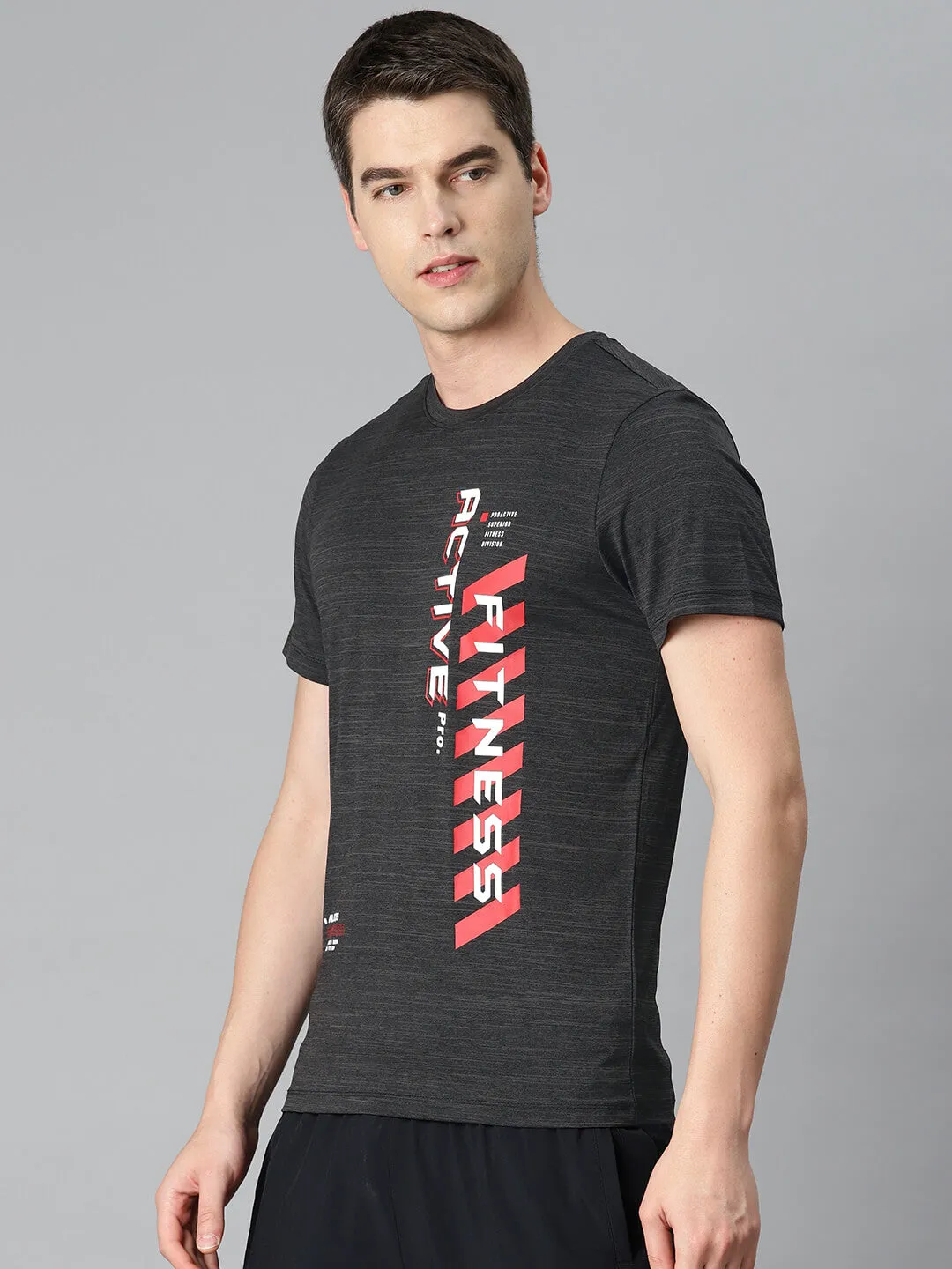 Alcis Men Grey Typography Printed Anti Static Slim Fit Sports T-shirt AntiStaticLining