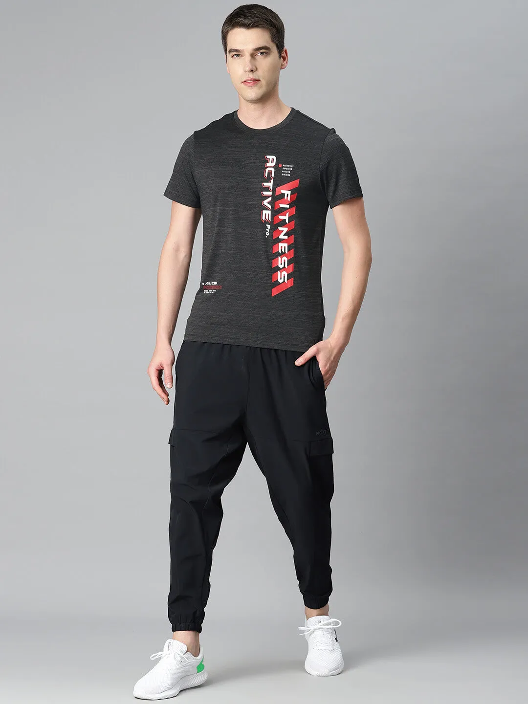Alcis Men Grey Typography Printed Anti Static Slim Fit Sports T-shirt Boho Light