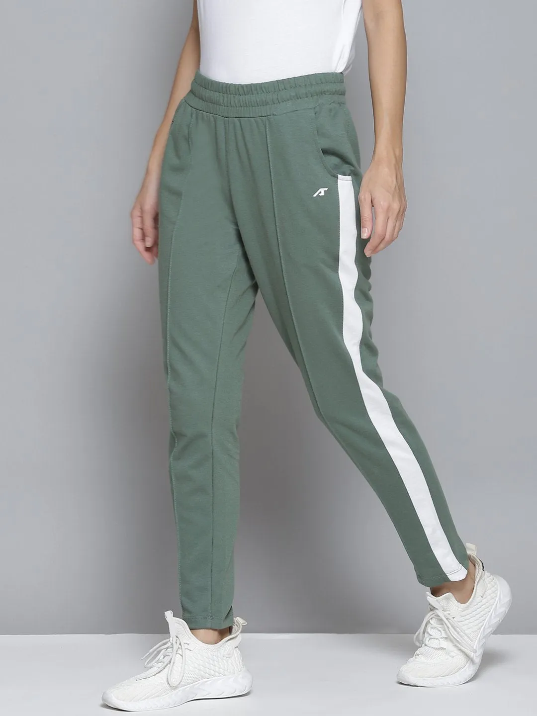 Alcis Women Green & White Striped Track Pants Belt loops Loose Fit