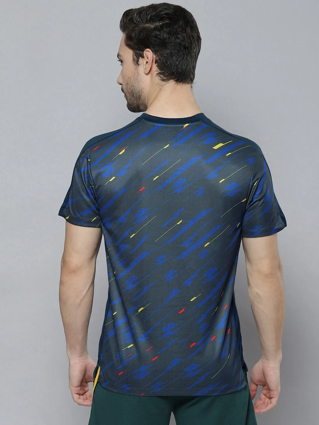Alcis Men Blue  Yellow Abstract Printed T-shirt Calm Core Suede Mood
