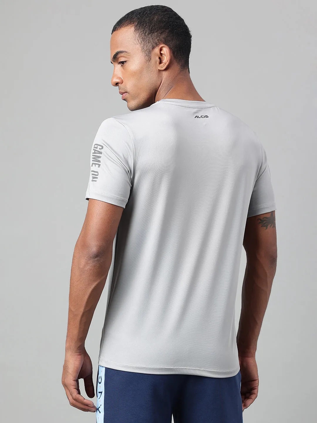 Alcis Men's Printed Grey Anti-Static Drytech  Slim-Fit Training Tee Quick Core