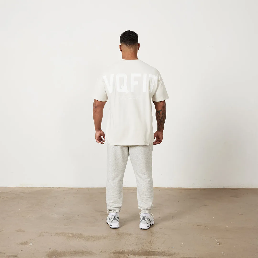 Vanquish VQFIT Distressed Print Oat Marl Tapered Sweatpants ErgonomicArticulatedDesign Neutral Tone