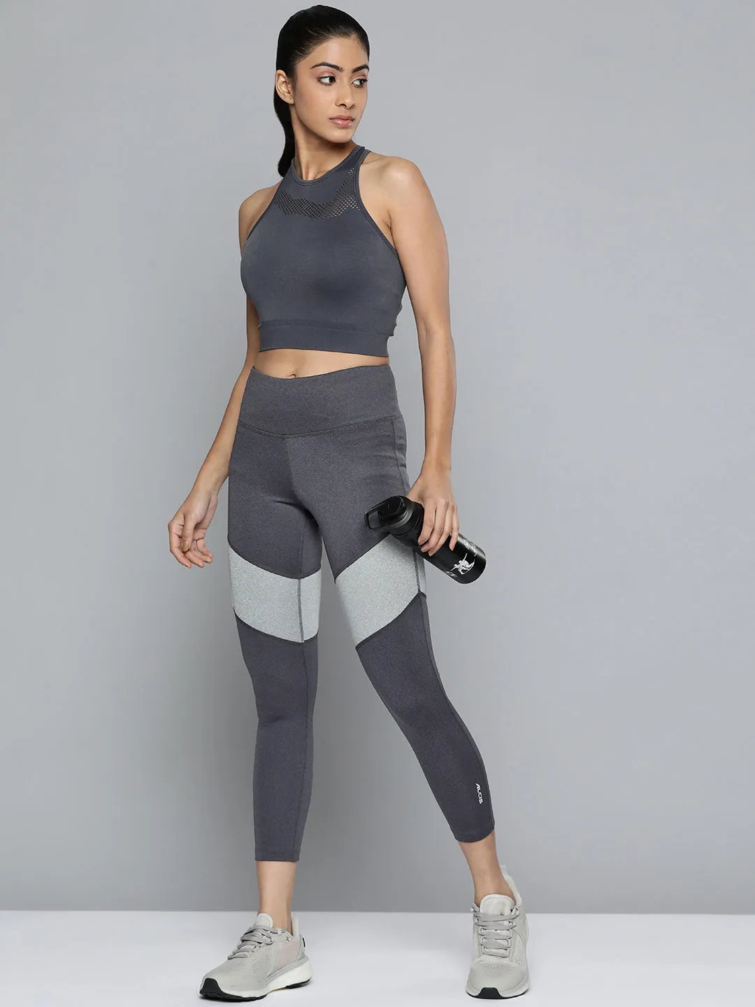 Sleek Form Cool Days Alcis Women Charcoal Grey Colourblocked Cropped Sport Tights