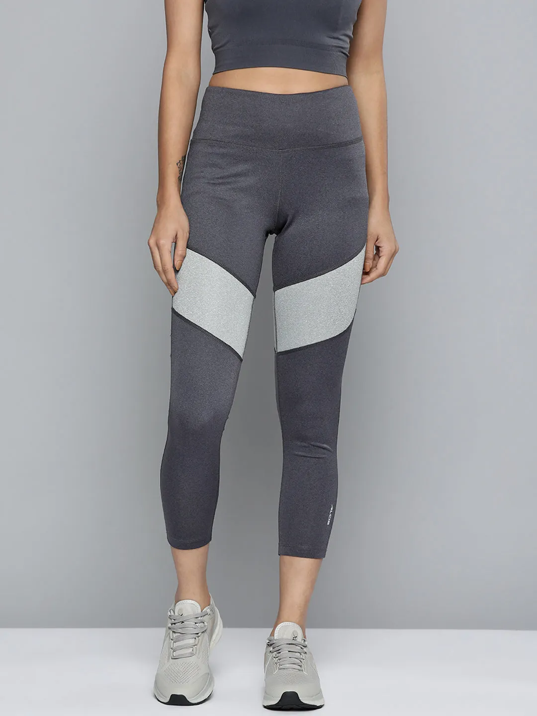 Alcis Women Charcoal Grey Colourblocked Cropped Sport Tights 4 Way Stretch Fabric