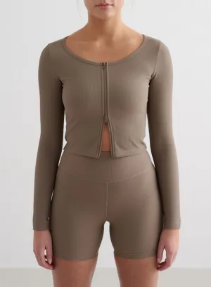 Nougat Ribbed Performance Zipped Cardigan wrinkle free Hemmed
