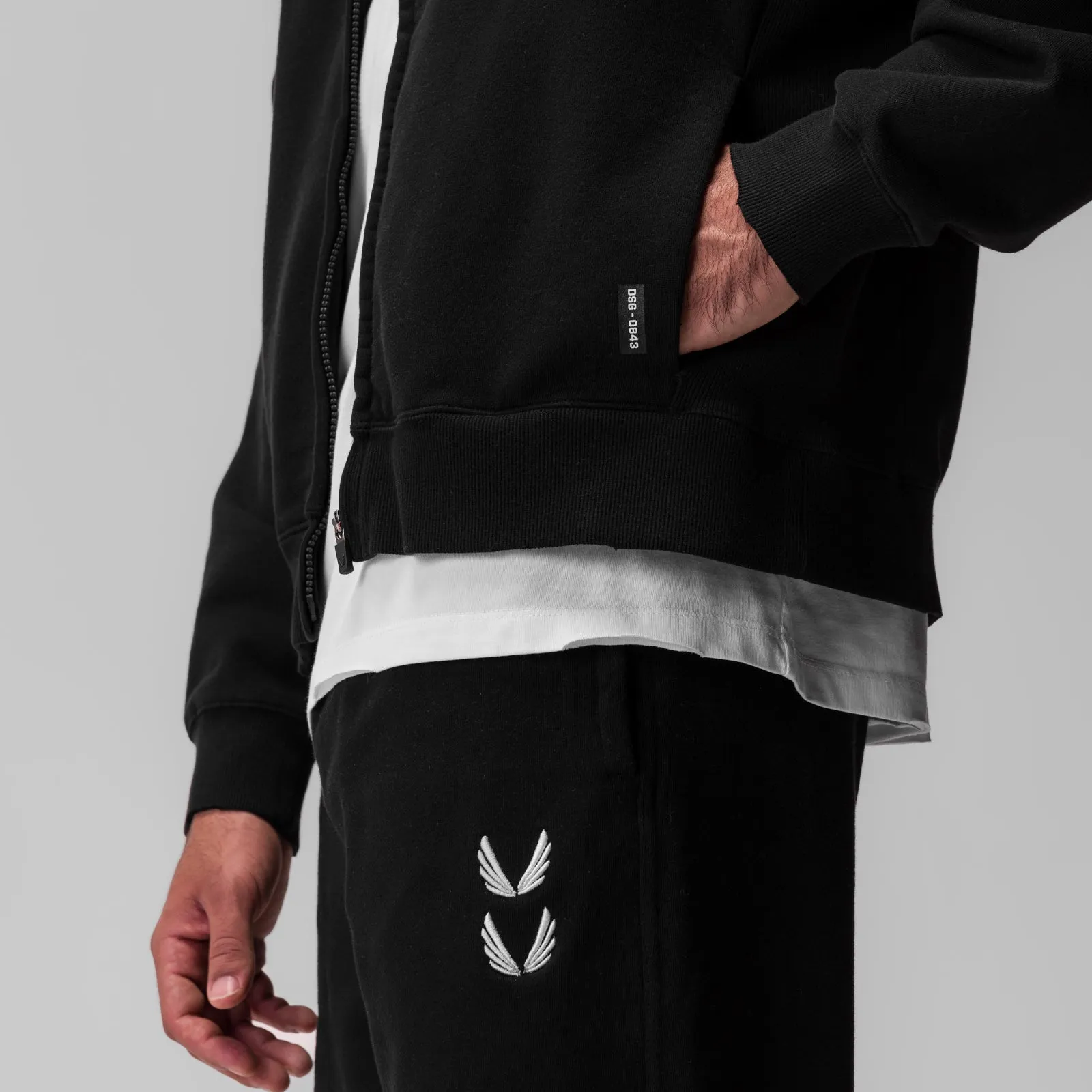College Outfit Quilted Panels 0843. Tech Essential? Distressed Full Zip Hoodie - Black