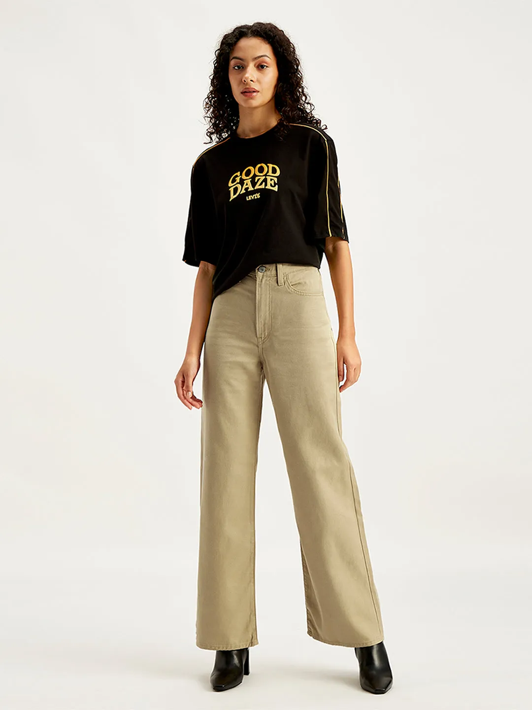 Women's Khaki Ribcage Bell Bottom Wide Leg Fit High Rise Jeans Festival Outfit Minimalist Style