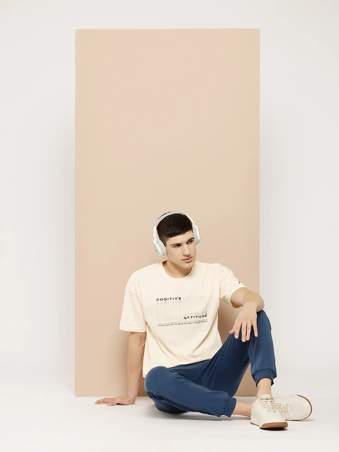 Alcis Men Cream Typography Printed T-shirt Sharp Cut Tech Mood